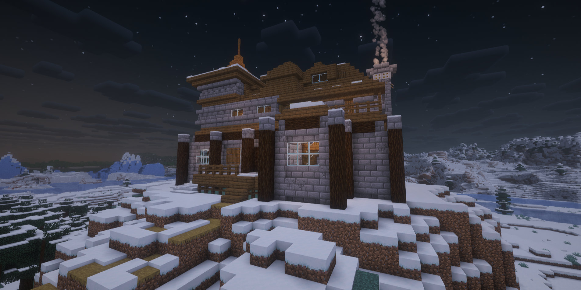 Spruce cabin on a snowy mountain.