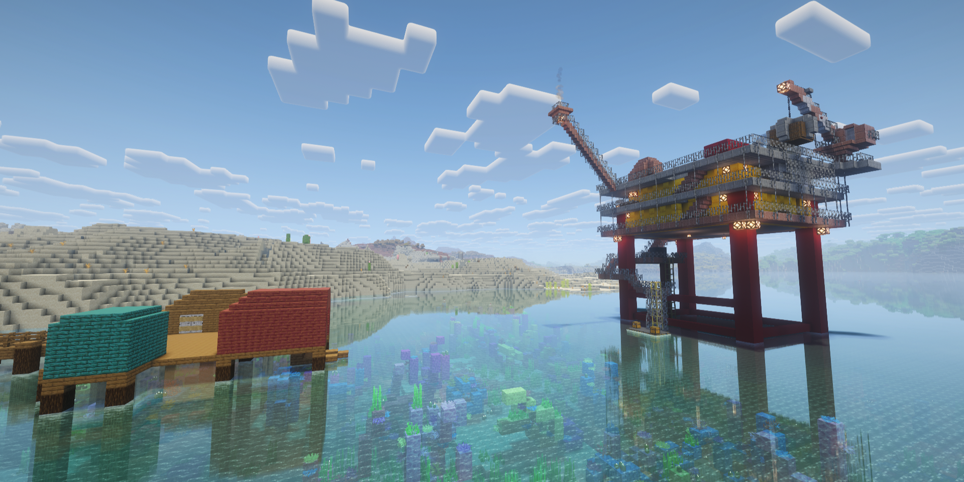 Oil rig off the coast of a dock.
